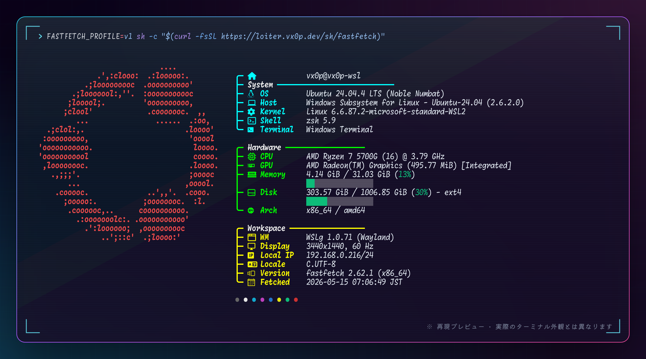 Fastfetch output for the Ubuntu 24.04.4 LTS WSL2 environment